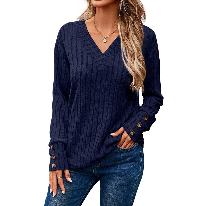 Damen lässiger V-Ausschnitt Pullover mit strukturiertem Rippdesign und eleganten Knopfdetails Drune