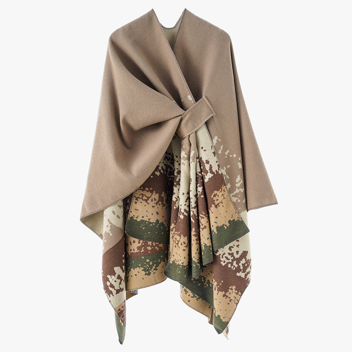 Damen Reversibler Wollmix-Capeponcho mit Bindegürtel und abstraktem Farbverlauf Drune
