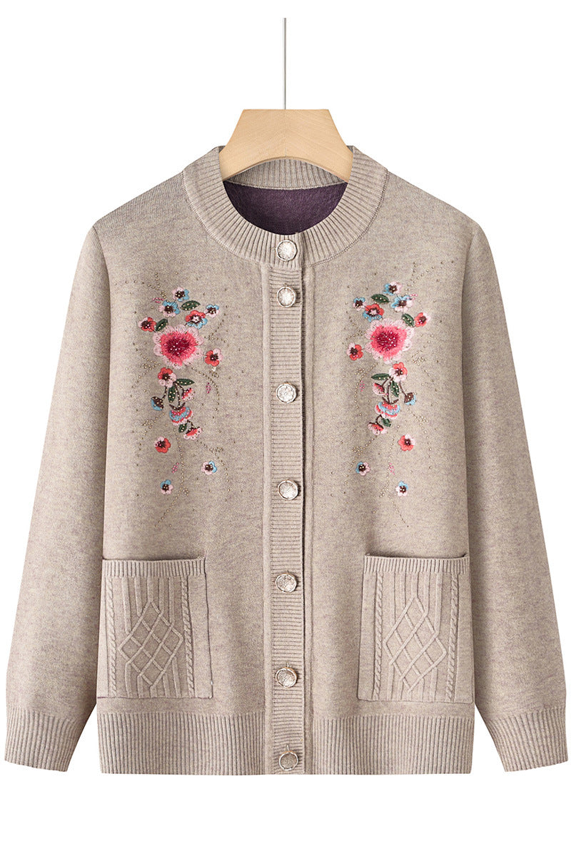 Damen nan bestickte Strickjacke mit Rundhalsausschnitt, Zierknopfleiste und aufgesetzten Taschen Drune