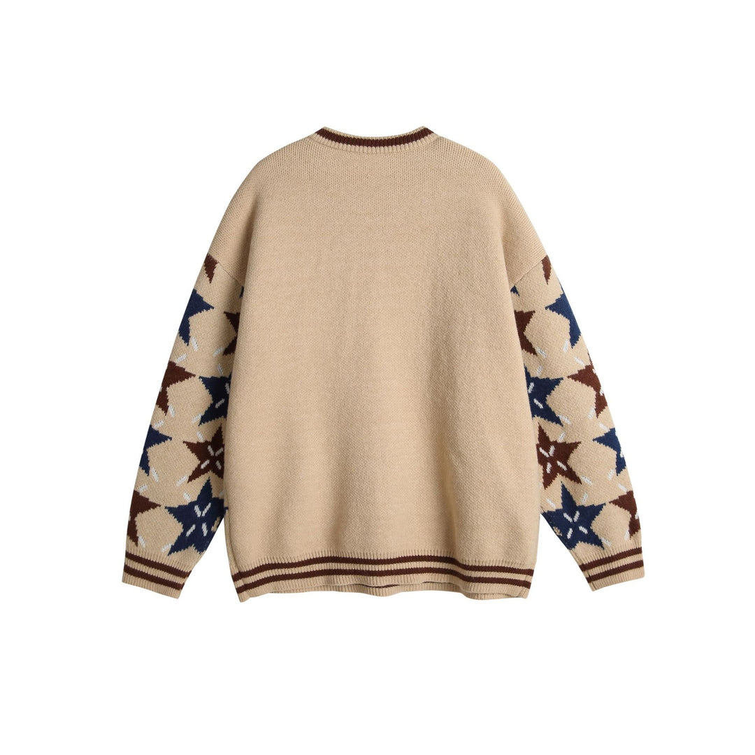 Unisex Grobgestrickter Oversize-Pullover mit Stern-Intarsien und gesticktem Logopatch Drune