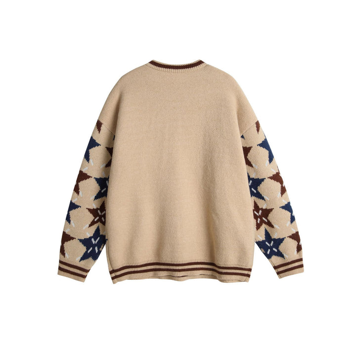 Unisex Grobgestrickter Oversize-Pullover mit Stern-Intarsien und gesticktem Logopatch Drune