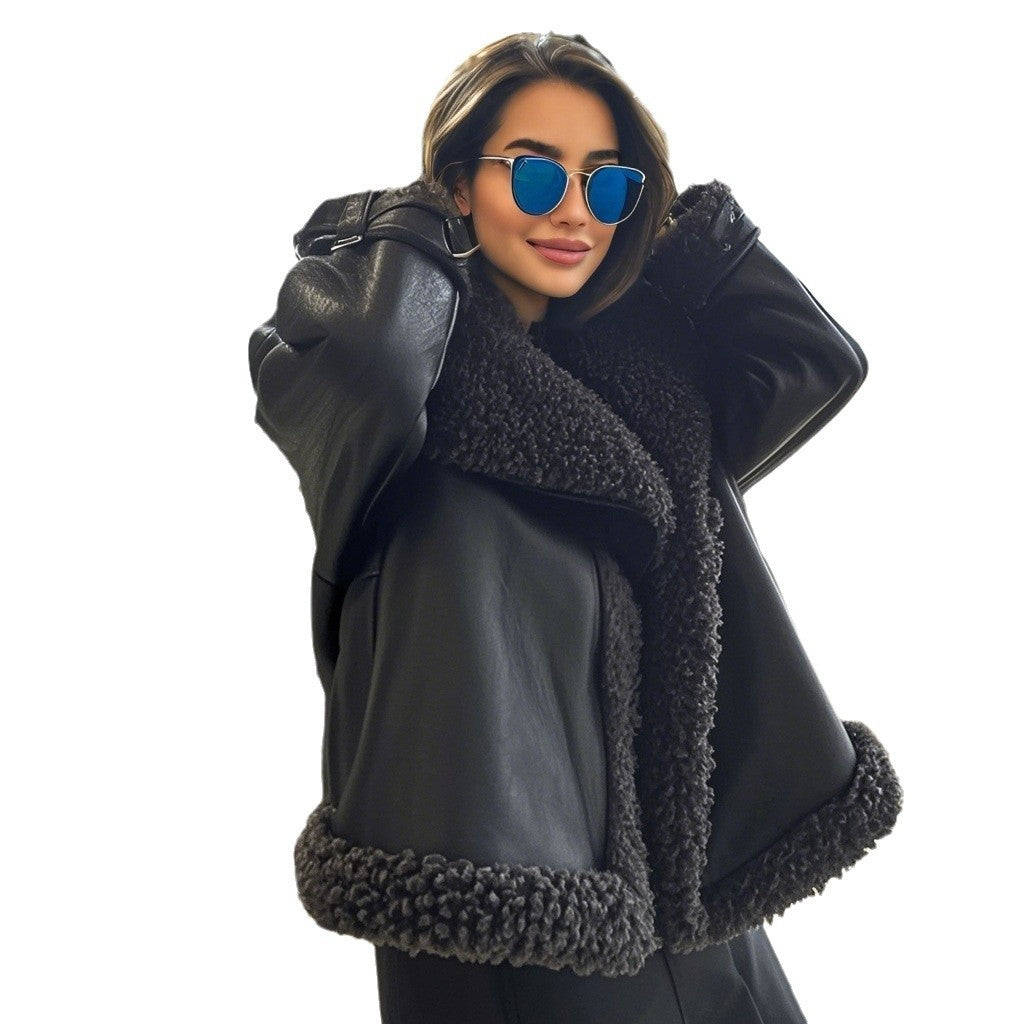 Damen Kurz geschnittene Aviator-Lederjacke mit Teddyfutter, großem Kragen und Oversize-Silhouette Drune