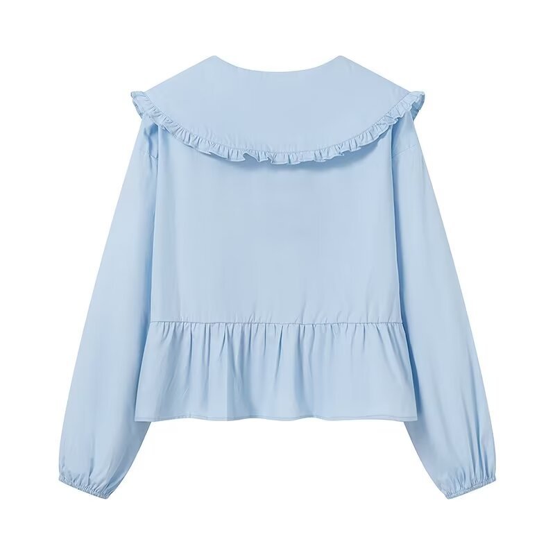 Damen Rüschige Cropped-Bluse mit übergroßem Kragen, Bindebändern und tailliertem Peplum Drune