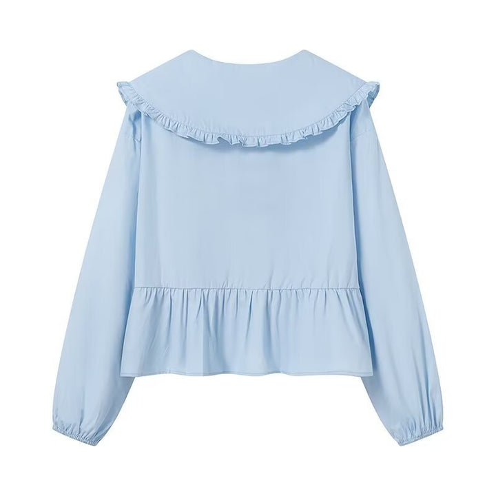 Damen Rüschige Cropped-Bluse mit übergroßem Kragen, Bindebändern und tailliertem Peplum Drune
