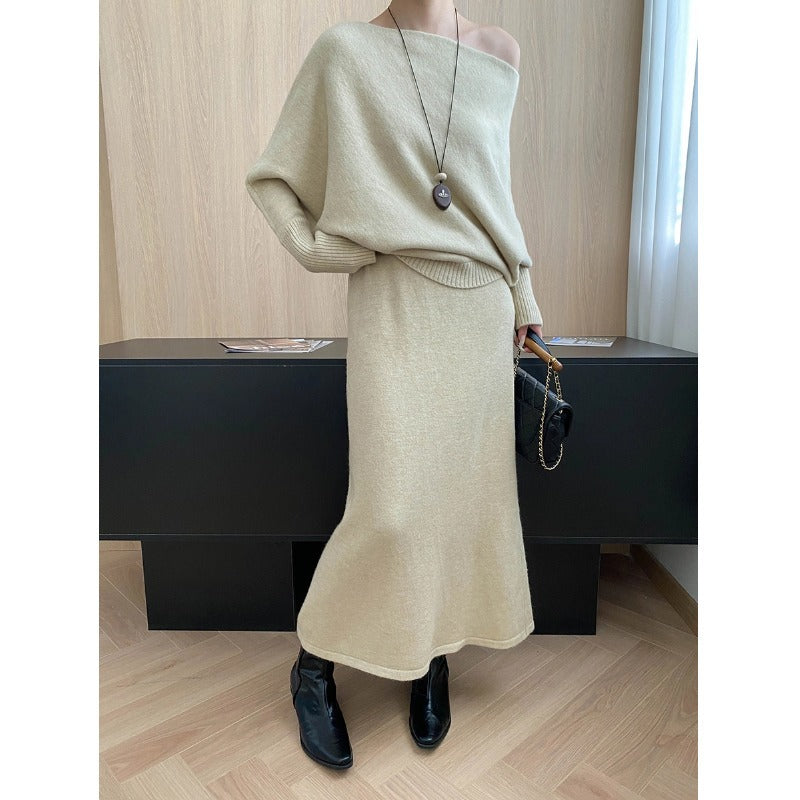 Damen elegantes Strick-Maxikleid mit asymmetrischem Schnitt und lässigem Oberteil Drune