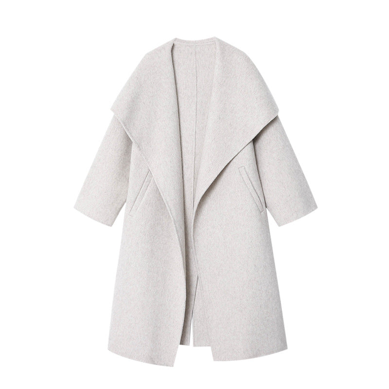 Damen eleganter Wickelmantel aus weichem Wollmix mit Gürtel Drune