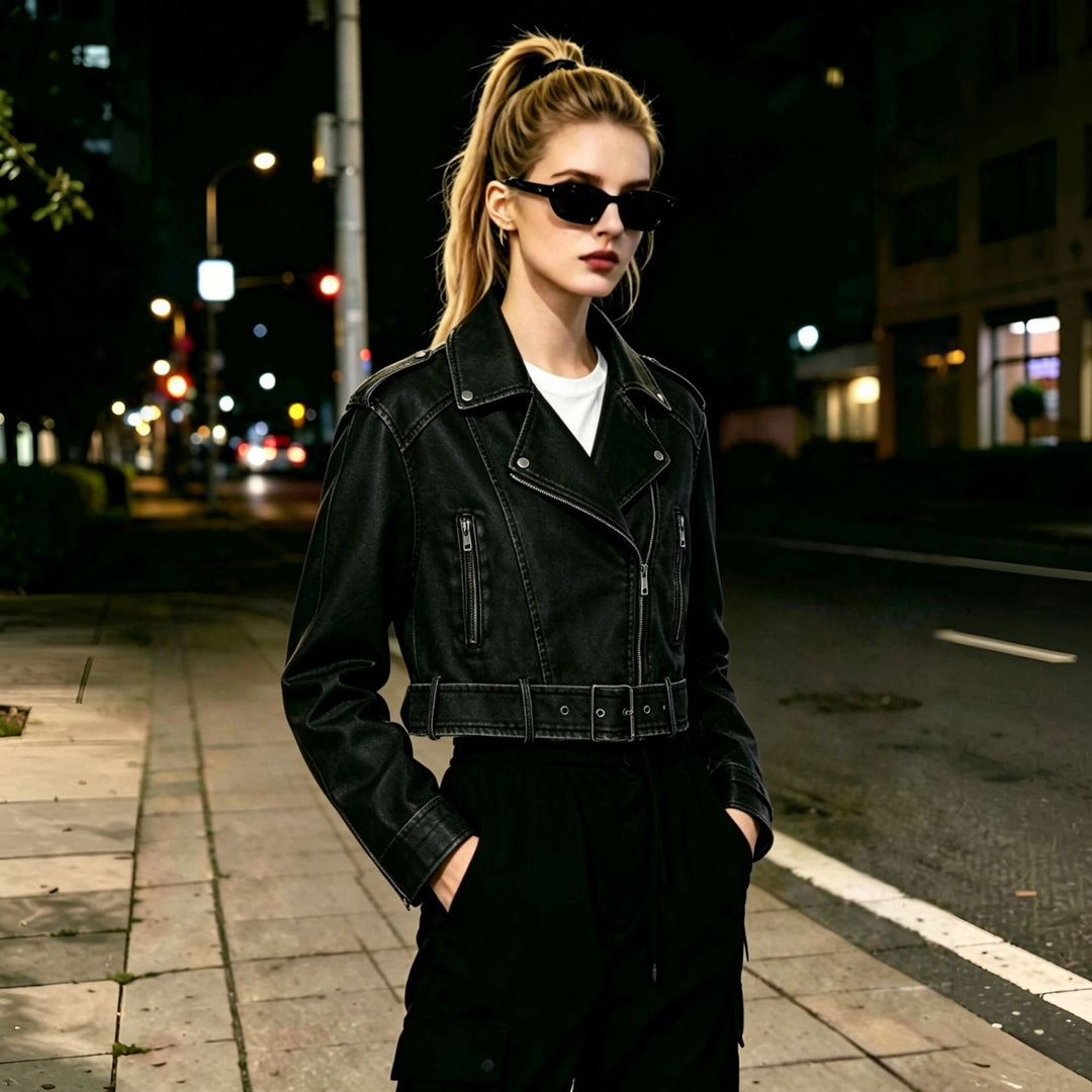 Damen Modische Kurzjacke im Biker-Stil Drune