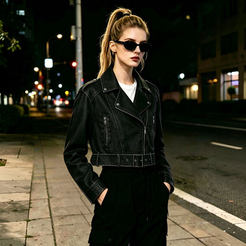 Damen Modische Cropped Bikerjacke Drune