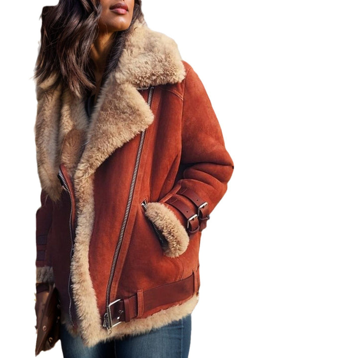 Damen Kurze Fliegerjacke mit Teddyfutter, weichem Lammfellkragen und Reißverschluss Drune