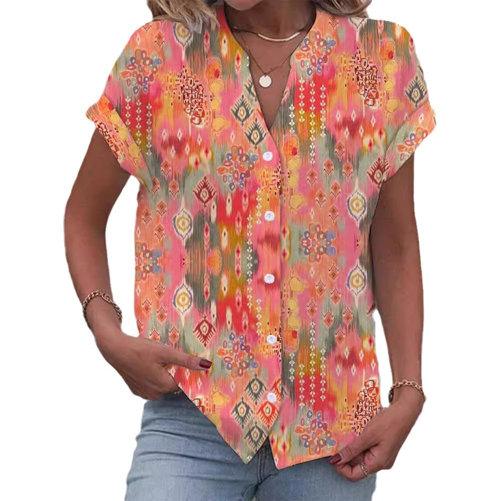 Damen nan lockere Kurzarm-Hemdbluse mit V-Ausschnitt, durchgehender Knopfleiste und folklorischem Allover-Print Drune