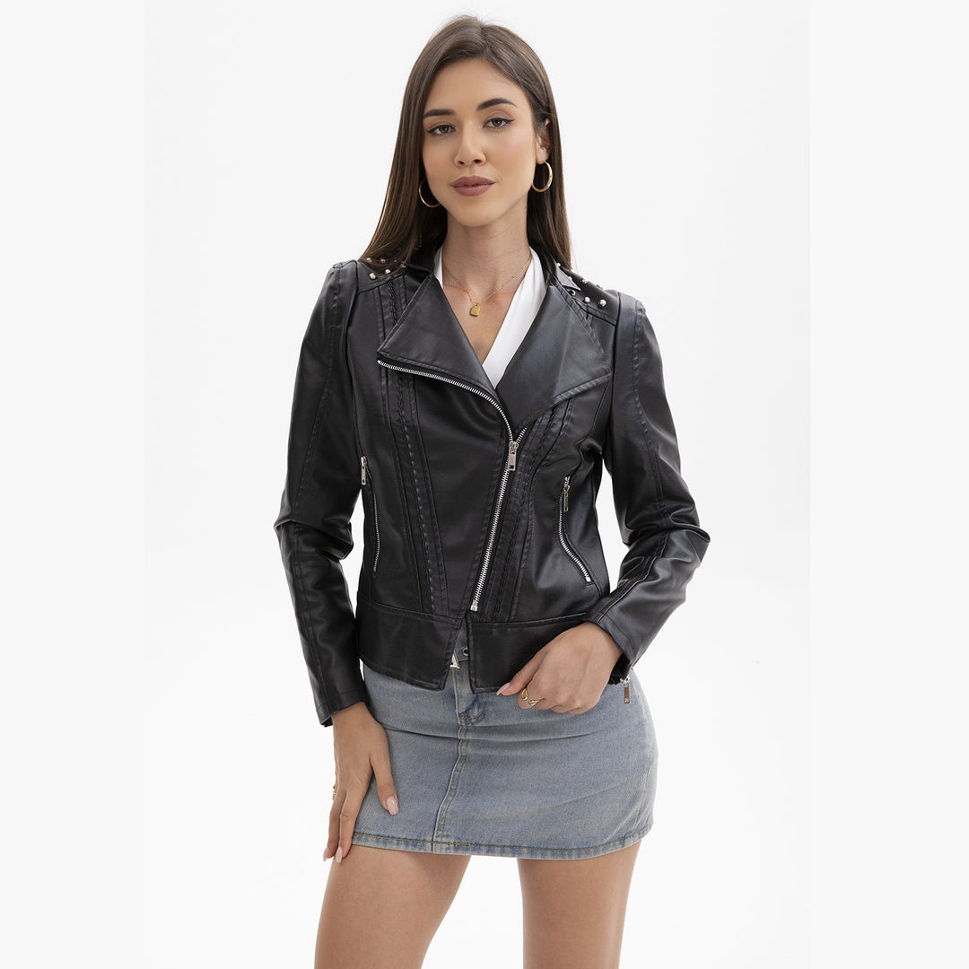 Damen nan taillierte Bikerjacke aus Kunstleder mit Nieten und asymmetrischem Reißverschluss Drune