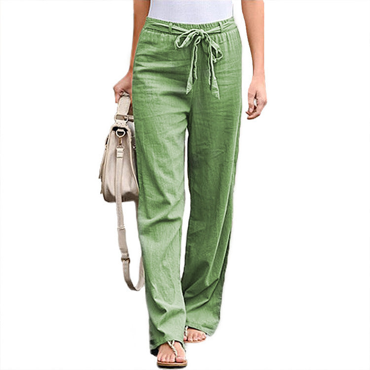 Damen bequeme Leinenhose mit elastischem Bund und verstellbarem Bindegürtel Drune