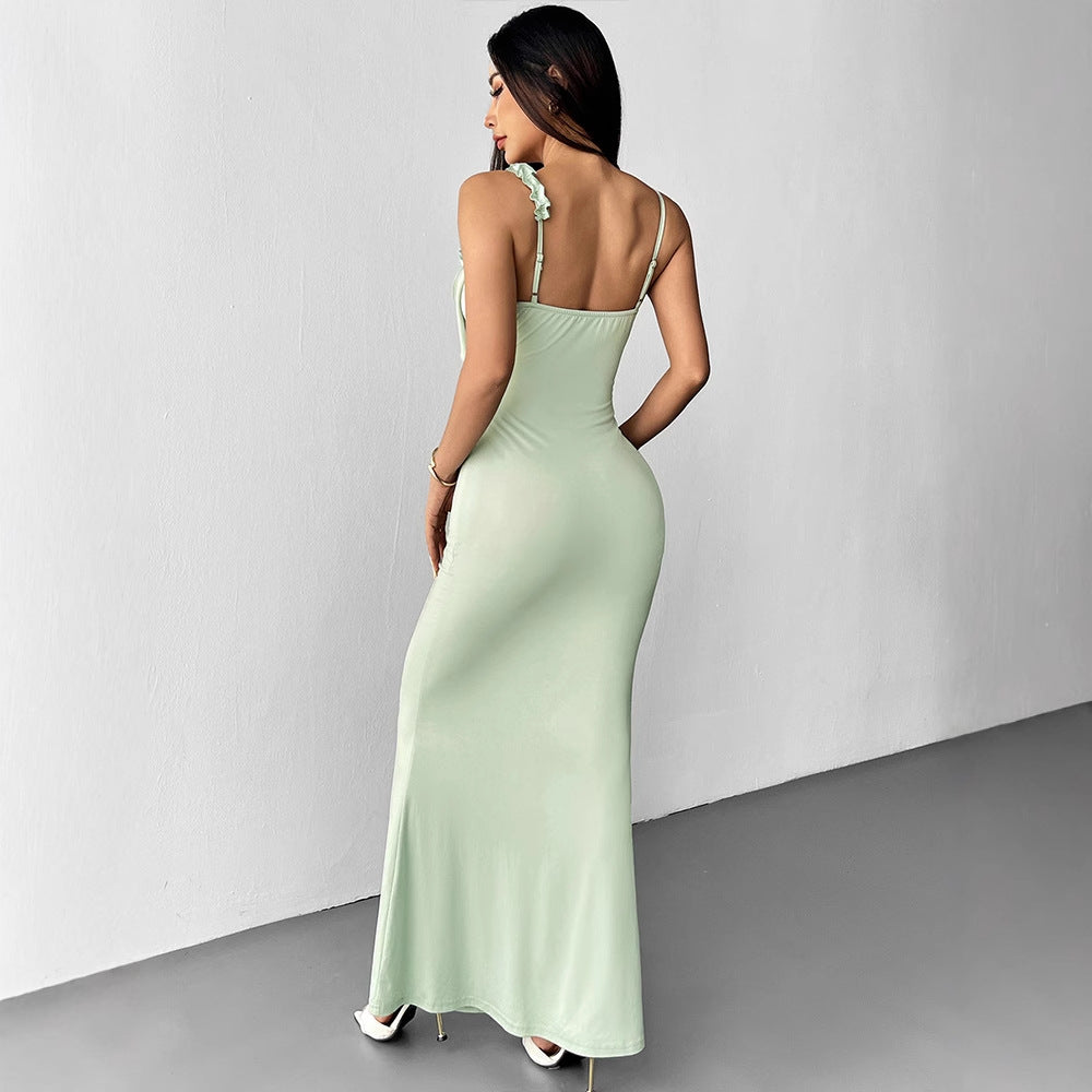 Damen Elegantes Maxikleid mit floralem Necktie und asymmetrischen Rüschen Drune