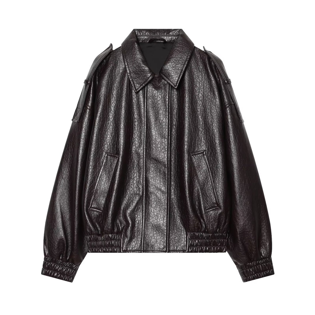 Damen Oversized Kunstleder-Bomberjacke mit Schulterklappen und gerafftem Saum Drune