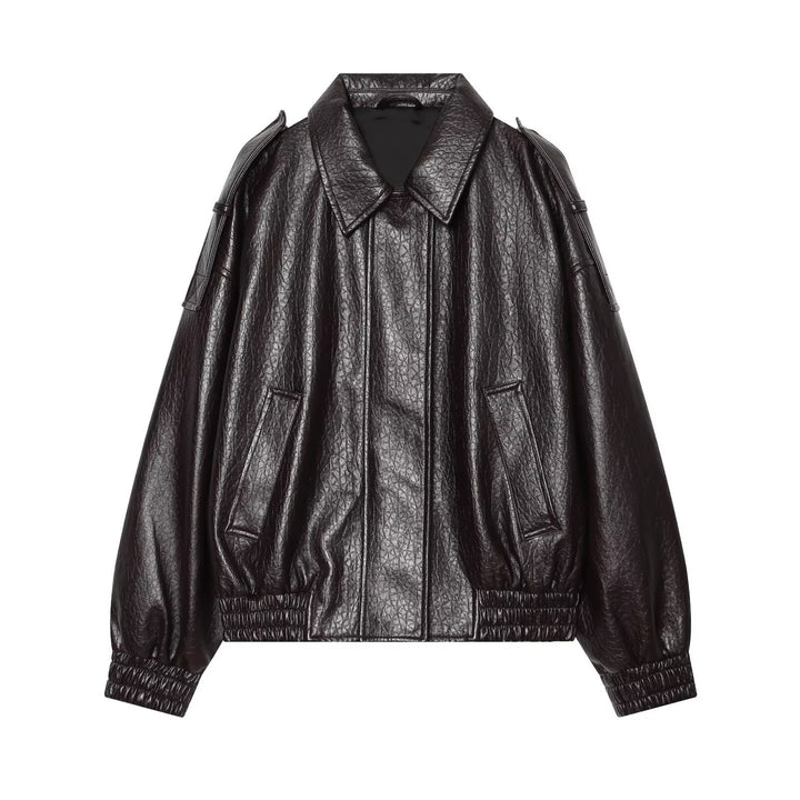 Damen Oversized Kunstleder-Bomberjacke mit Schulterklappen und gerafftem Saum Drune