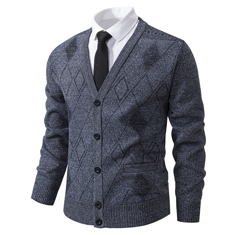Herren nan feiner Rauten-Strickcardigan mit V-Ausschnitt, Knopfleiste und Eingriffstaschen Drune