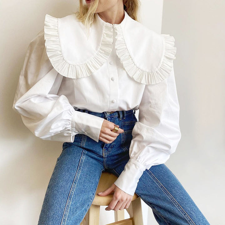 Damen Elegante Bluse mit voluminösen Ärmeln und Rüschensaum Drune