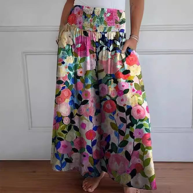 Damen-Maxi-Rock mit hohem Smockbund, weitem Fall und seitlichen Taschen Drune