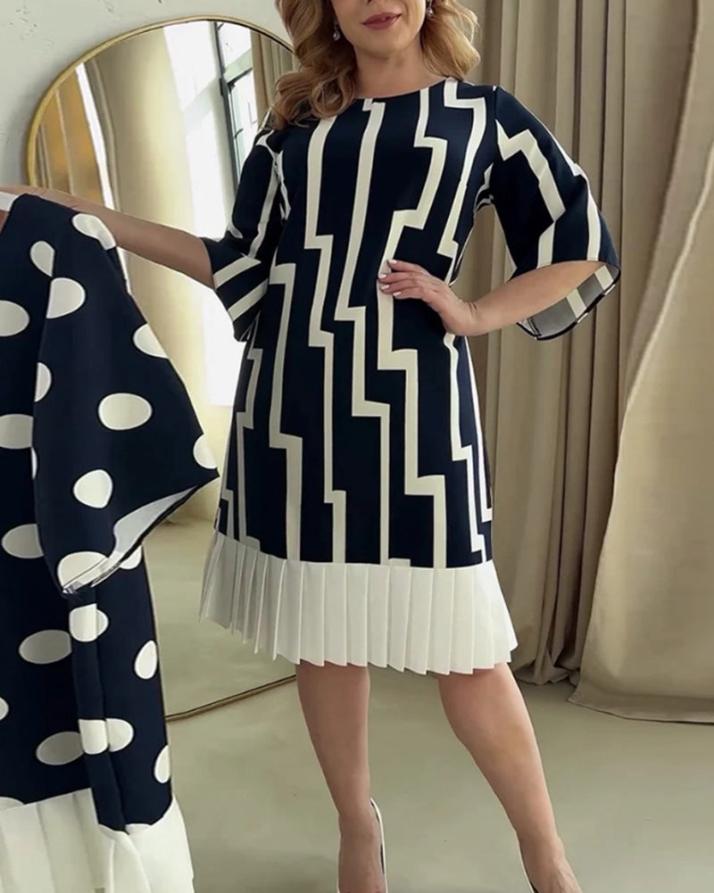 Damen nan grafisches A-Linienkleid mit plissiertem Saum und dreiviertelärmeln Drune