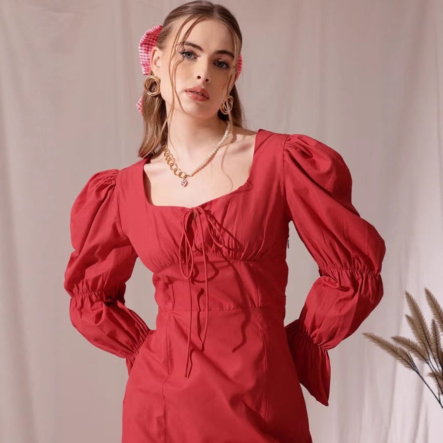 Damen Puffärmeliges Mini-Kleid mit eckigem Ausschnitt, Kordel-Bustier und Glockenärmeln Drune