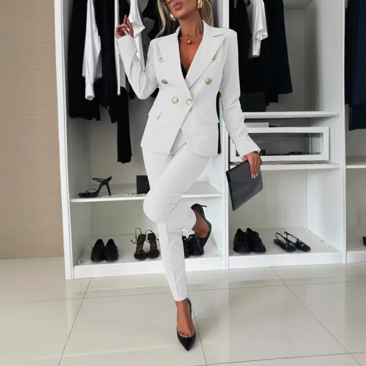 Damen Modisches und elegantes Hosenanzug-Set mit doppelter Knopfleiste Drune