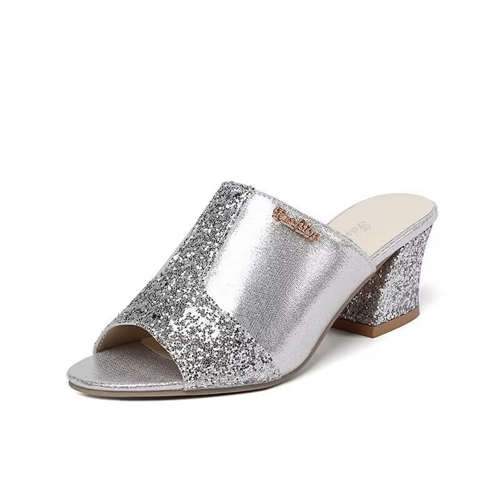 Damen nan elegante offene Pantolette mit feinem Netz, funkelnden Applikationen und mittelhohem Blockabsatz Drune