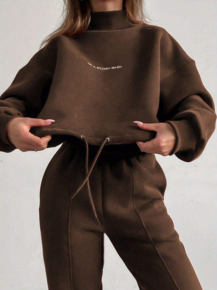 Damen Sportliches Sweatshirt und Jogginghose Set mit hohem Kragen und weitem Schnitt Drune