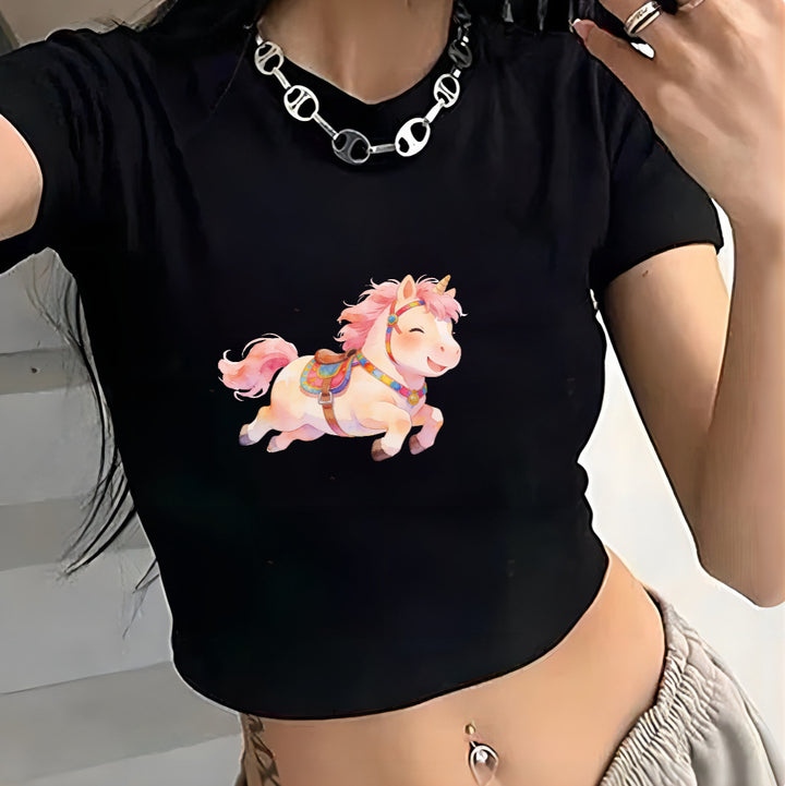 Damen Crop-T-Shirt mit verspielt illustriertem Einhornmotiv Drune