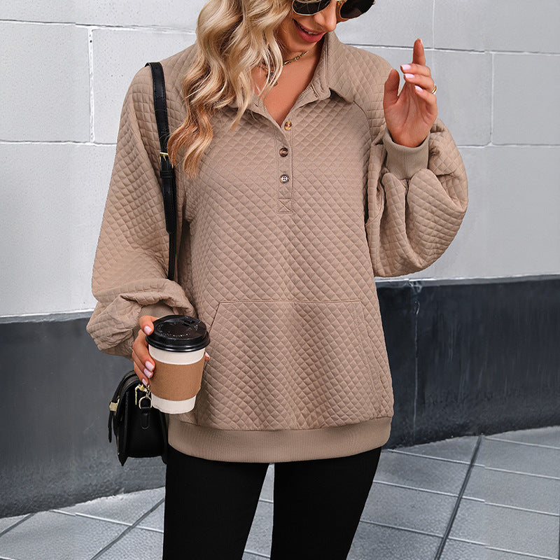 Damen Modischer Stehkragen Pullover mit Knöpfen Drune