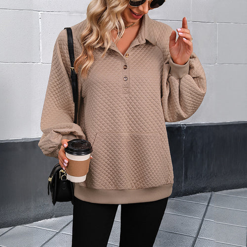 Damen Modischer Stehkragen Pullover mit Knöpfen Drune