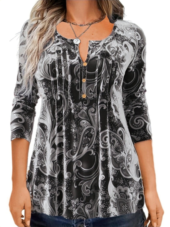 Damen Paisley Tunika mit 3/4 Ärmeln, Falten und Knopfblende Drune