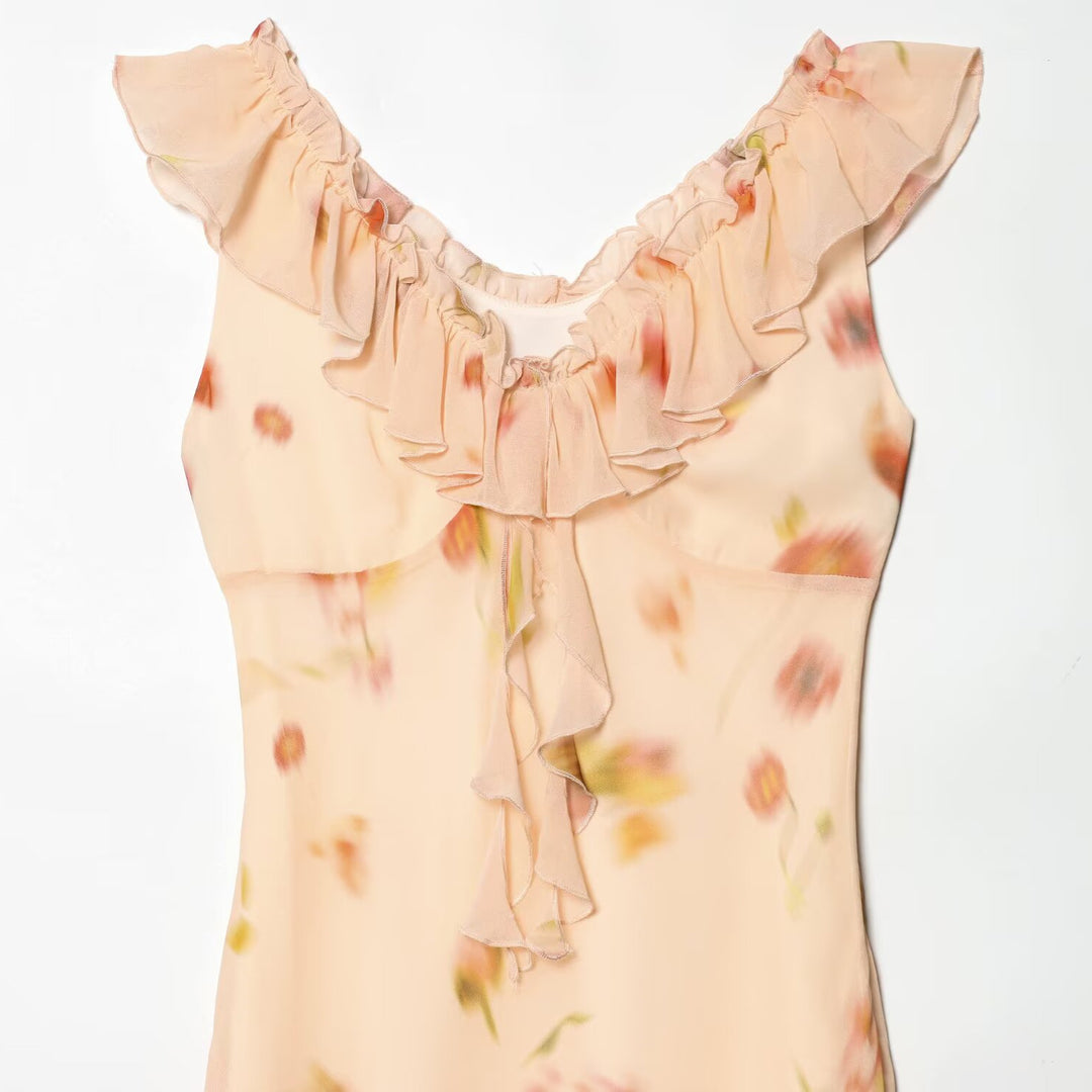 Damen Maxikleid mit romantischem Volant und floralen Akzenten Drune