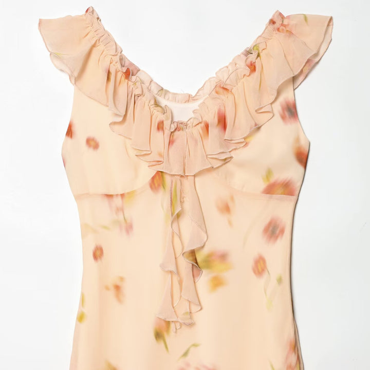 Damen Maxikleid mit romantischem Volant und floralen Akzenten Drune
