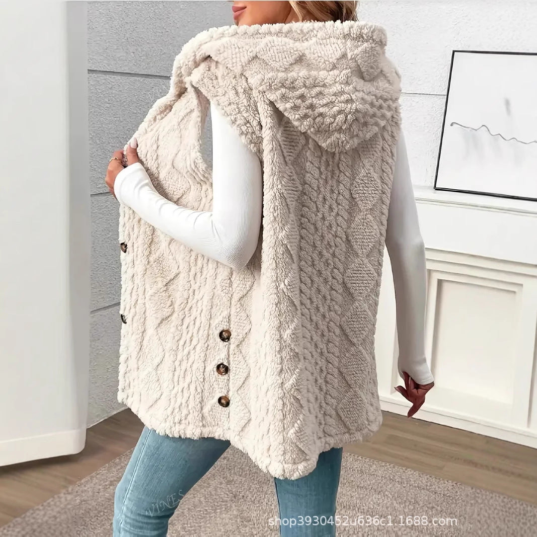 Damen Gefütterte Teddy-Weste mit Kapuze und Knopfverschluss Drune
