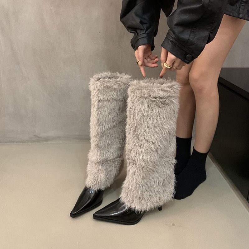 Damen spitz zulaufende Stiefel mit hohem Kunstfell‑Schaft und geformtem Kittenabsatz Drune