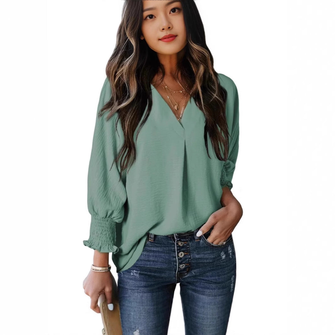 Damen V-Ausschnitt Bluse mit elastischen Ärmelbünden Drune