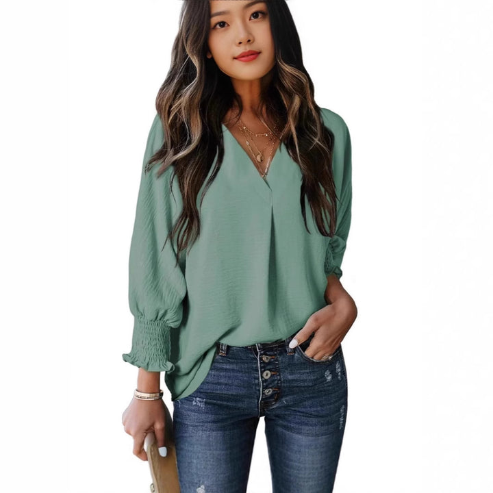 Damen V-Ausschnitt Bluse mit elastischen Ärmelbünden Drune