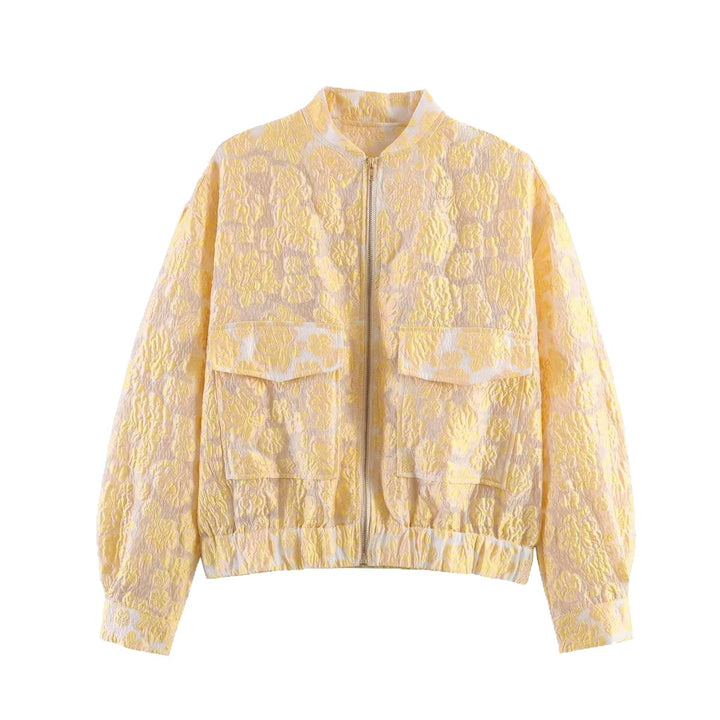Damen Cropped Jacquard‑Blousonjacke mit Metallreißverschluss und Pattentaschen Drune