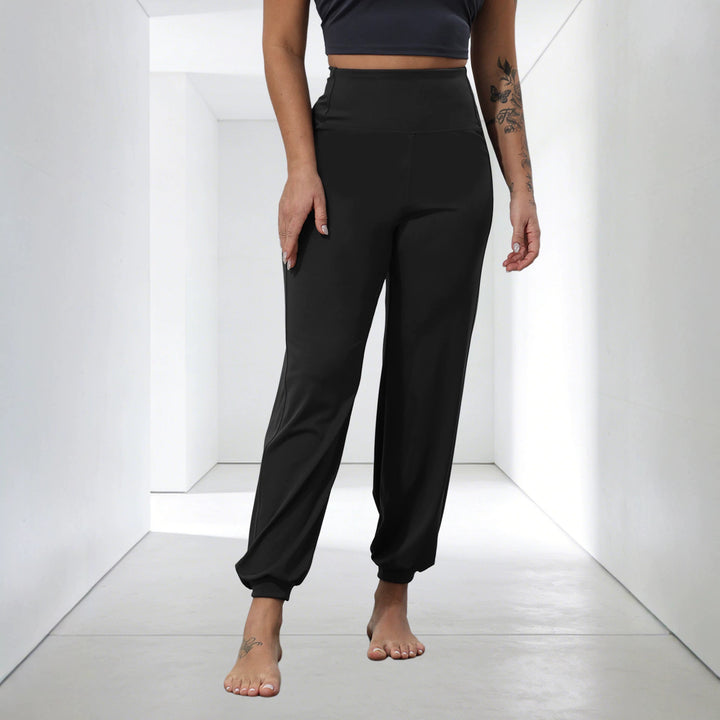 Damen weiche High-Waist Relax-Hose mit weitem Bein, elastischem Komfortbund und gekräuseltem Knöchelabschluss Drune