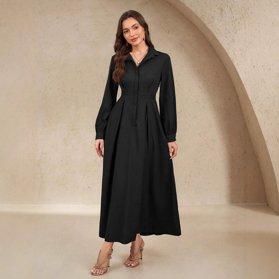 Damen nan langes Hemdblusenkleid mit Taillengürtel, verdeckter Knopfleiste und ballonärmeln Drune