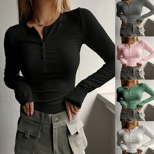 Damen langärmliges Henley-Shirt mit strukturierter Rippoptik und Knopfleiste Drune