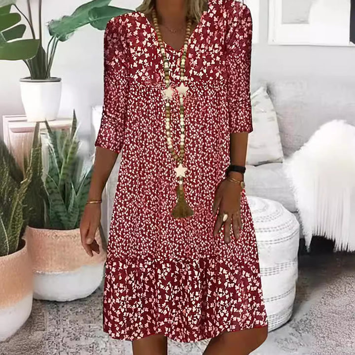 Damen Freizeit Stufen Kleid mit V-Ausschnitt und drei Viertel Ärmeln im floralen Allover-Druck Drune