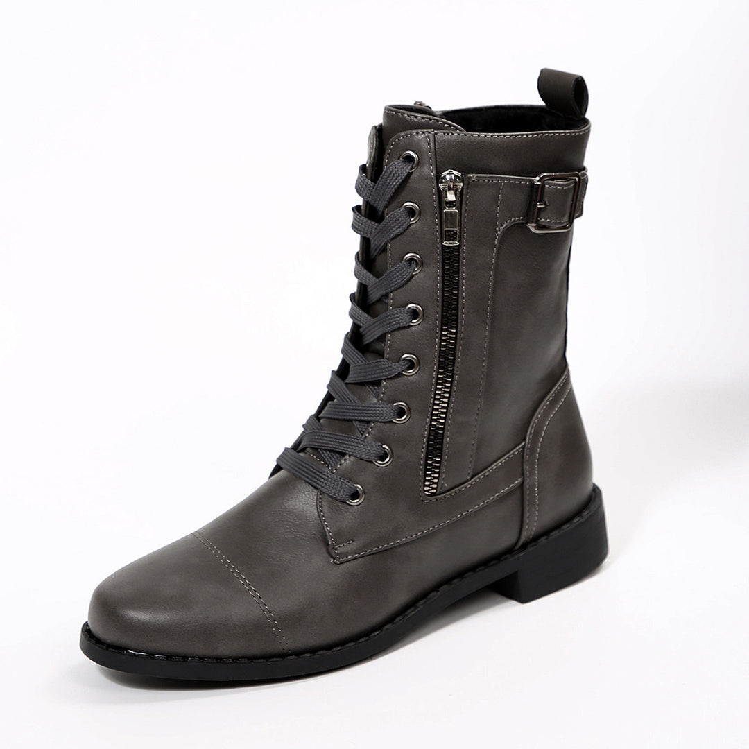 Damen nan robuste Schnür-Bikerstiefelette mit seitlichem Reißverschluss und Ziergurt Drune