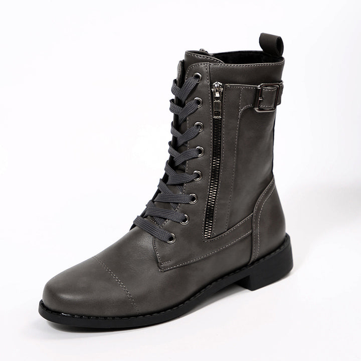 Damen nan robuste Schnür-Bikerstiefelette mit seitlichem Reißverschluss und Ziergurt Drune