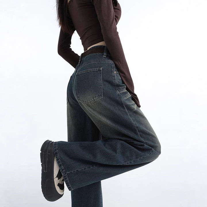 Damen weiter geschnittene Jeans mit hohem Bund und modischem Waschung Drune