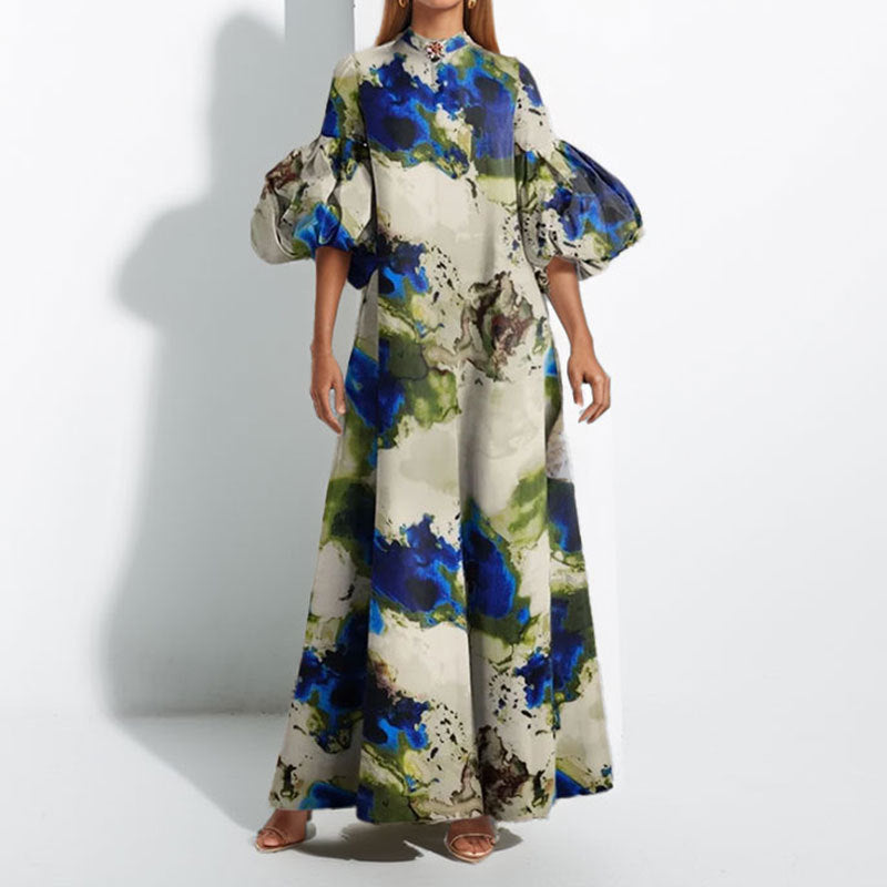 Damen Maxikleid mit voluminösen Puffärmeln und kunstvollem Farbdesign Drune