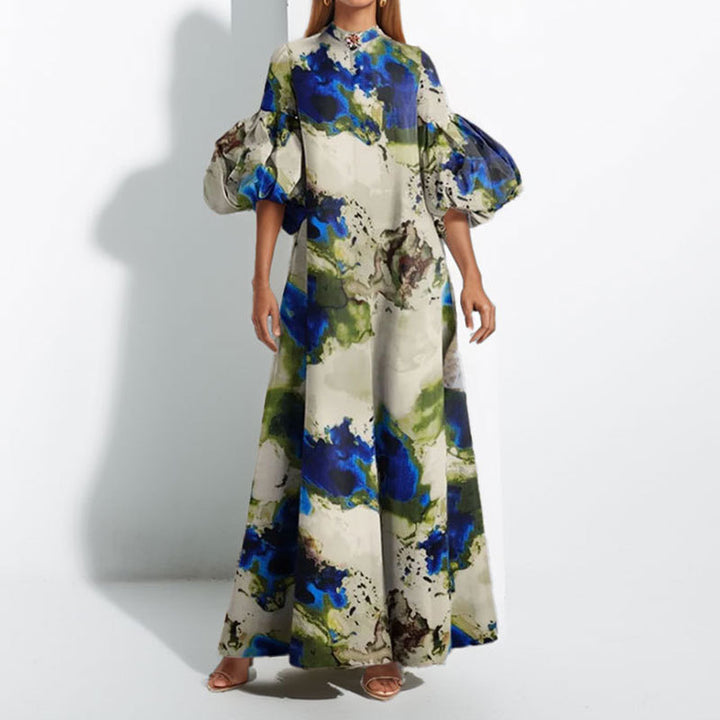 Damen Maxikleid mit voluminösen Puffärmeln und kunstvollem Farbdesign Drune