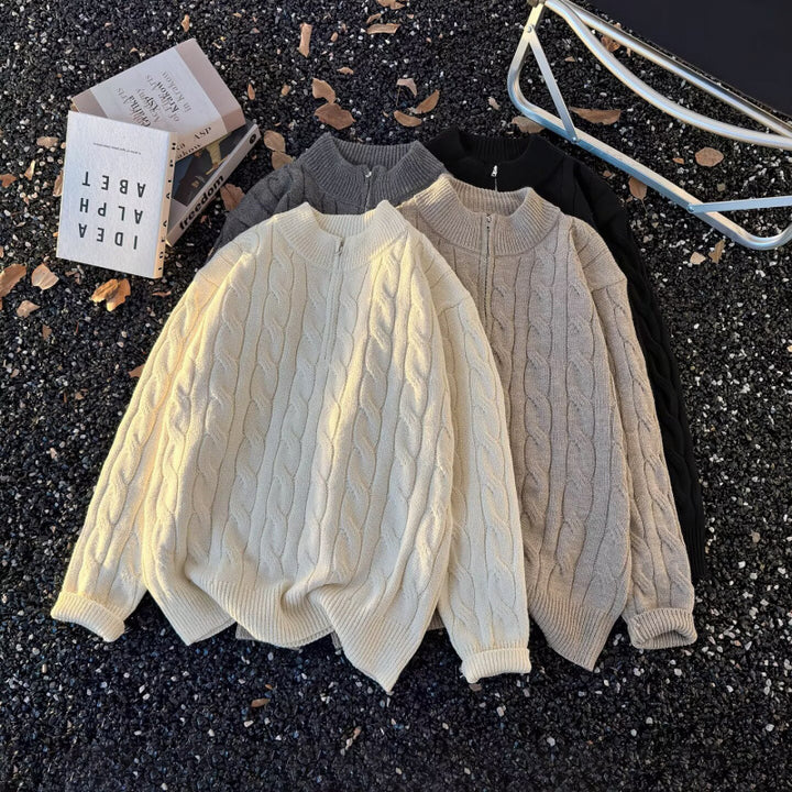 Unisex Oversize-Zopfmuster-Halbzip-Pullover mit extra hohem Rippkragen und schwerer Baumwollmischung Drune