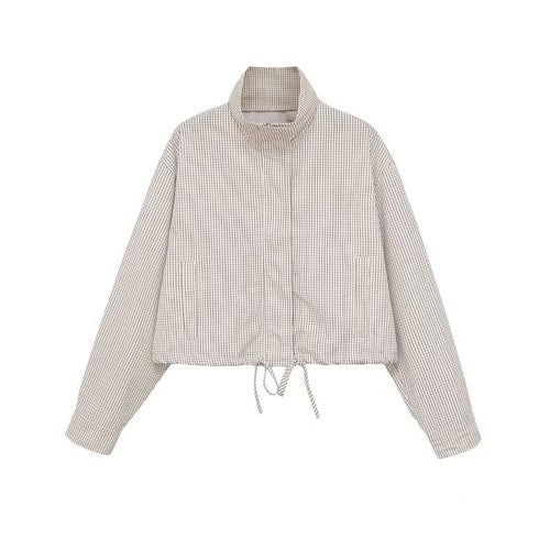 Damen Karierte Cropped-Jacke mit Stehkragen, Tunnelzug und verdecktem Reißverschluss Drune