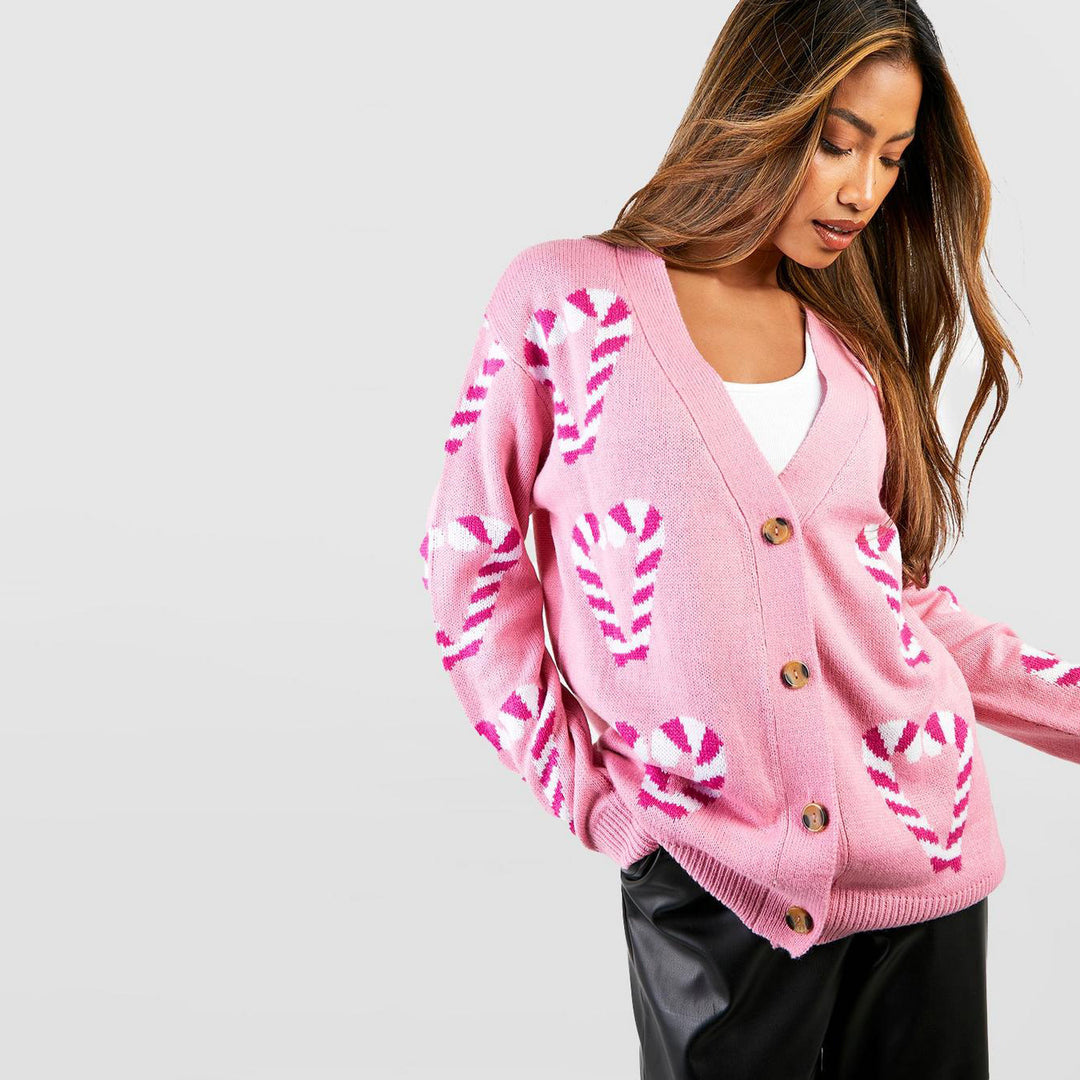 Damen Verspielter Cardigan mit Zuckerstangen-Muster Drune